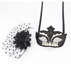 Masque de bal masqué d'Halloween plume noire pois résine fleur bandeau accessoire fête