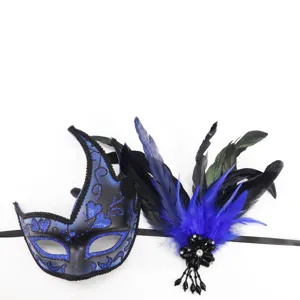 Blue and black masquerade mask with feathers, perfect for Halloween parties and ball events.