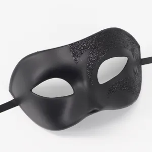 Zwarte masquerade masker met glitterdetails voor heren, perfect voor Halloween feestjes.