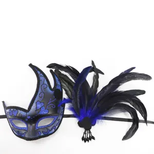 Detailed close-up of the blue glitter masquerade mask with elegant black feather decoration.