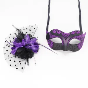 Purple black masquerade mask feather mesh flower hair clip set for Halloween party cosplay.