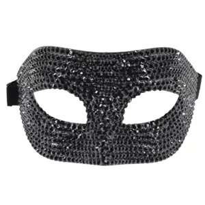Elegante mascara de antifaz con brillantes negros, perfecta para Halloween y fiestas.