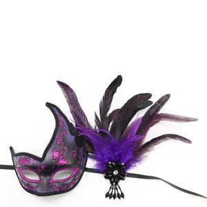 Detailed closeup of a purple masquerade mask featuring gorgeous feathers and beaded flower.