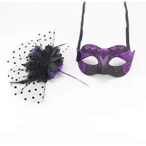 Halloween masquerade mask and dotted mesh flower hair accessory set for party events.