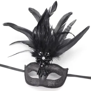 Detailansicht der schwarzen Feder-Maskenball-Maske mit Glitzer und Edelstein-Blume.