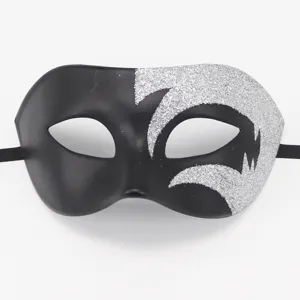 Gedetailleerd overzicht van een zwart-zilveren glittermasker voor Halloween en feestjes.