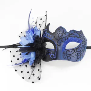 Detailed view of elegant blue and black masquerade mask with feathers and mesh veil