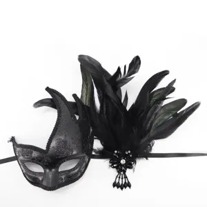 Detailed view of black feather masquerade mask, featuring elegant rhinestones and party design.