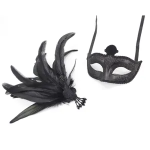 Schwarzes Feder Masken Set mit Pailletten Augenmaske und schönen Perlen Quasten Party