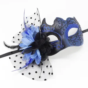 Elegant blue and black masquerade mask with mesh flower, feathers and glitter patterns