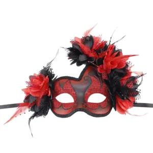 Rood zwarte veren masquerade masker, perfect voor Halloween feest, cosplay en carnaval evenementen.