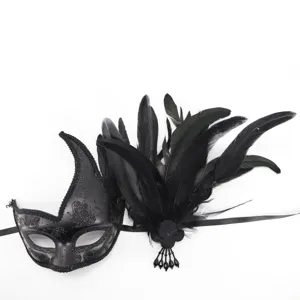 Detailed close-up of a black masquerade mask with feathery decorations and elegant black crystal beads.