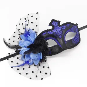 Masque de bal masqué avec plumes bleues et résille à pois, idéal pour Halloween et soirées.