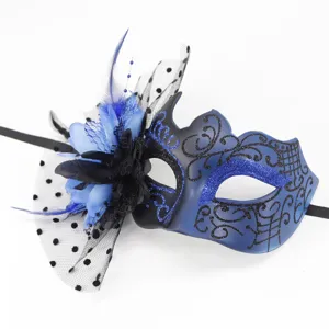 Detailed view of an elegant blue and black masquerade mask with flower and mesh veil