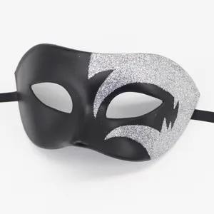 Gedetailleerd overzicht van het zwart en zilver glitter masker voor verkleedpartijen.