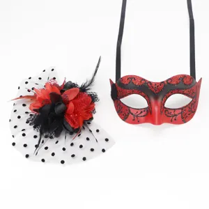 Halloween masquerade red black glitter mask and polka dot mesh flower feather party cosplay set