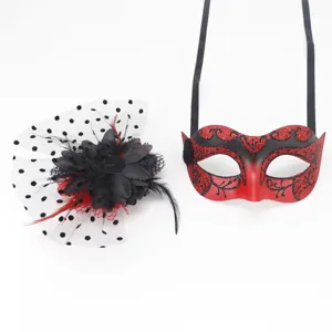 Close-up detail of Halloween masquerade party mask and dot mesh feather hair accessory set.