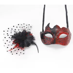 Red and black masquerade mask set with matching mesh flower fascinator accessory