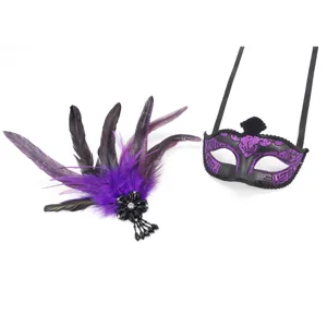 Halloween Maskerade Feder Maske und Haarklammer Set, elegante lila schwarze Party Augenmaske neu.