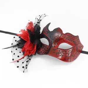 Detail of a red and black masquerade mask with ornate glitter patterns and feathers