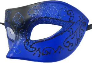 Blauw zwart masquerade masker met glitter patronen, ideaal voor Halloween feestjes.