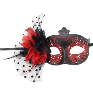 Black red masquerade mask with mesh feathers, perfect for Halloween party carnival events.