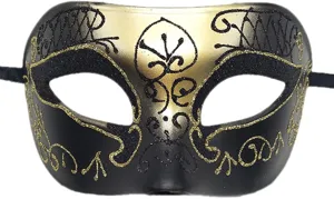 Gedetailleerd shot van zwart-gouden maskerbalmasker voor Halloween feest en carnaval.