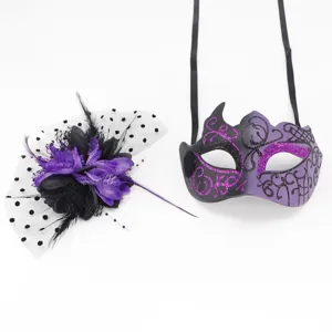 Purple and black masquerade mask set with feather flower fascinator for party.