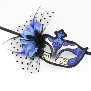 Masque de venise plume fleur bleue pour fete Halloween deguisement accessoire