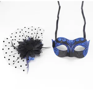 Masquerade mask and black mesh flower headpiece set for Halloween party and carnival.