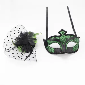 Masque de bal masqué d'Halloween et ensemble de coiffe en filet pois pour fête.
