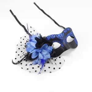 Detailed view of the blue black masquerade mask featuring mesh, feathers and flowers.