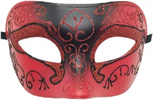 Gedetailleerde close-up van het rood-zwarte masker met glinsterende textuur en sierlijke tekst.