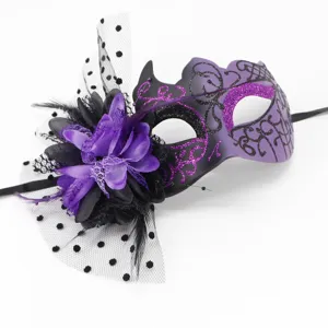 Detail view of purple masquerade mask with ornate lace patterns and fabric flower