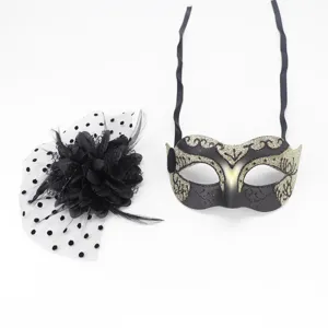 Masquerade mask and black mesh flower hair clip set, perfect for Halloween party events.