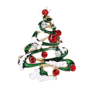 Weihnachtsbaum Brosche mit Emaillierung, weißem Schnee und roten sowie weißen Strasssteinen.