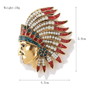 Broche vintage homme design chef indien cristal strass alliage bijoux mode top chic