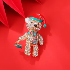 Fashion Alloy Rhinestone Christmas Bear Brooch Luxury Inlaid Animal Cartoon Teddy Pin Holiday Jewelry Decoration Gifts For Women