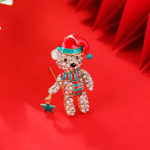 Christmas teddy bear rhinestone brooch, creative holiday fashion gift for women jewelry.