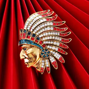Broche Tête de Chef Indien Rétro Pour Hommes Alliage Plaqué Or Argent Antique Épingle de Costume en Strass Bijoux de Style Ethnique