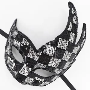 Schwarz-weiße Pailletten-Maskerade-Maske mit dramatischen geschwungenen Hörnern für Party.