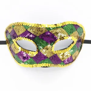 Karneval Pailletten Maske Fasching Auge Maske lila gruen gold Karo Party Zubehoer