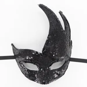 Schwarze Pailletten Maske mit Flammen Design für Halloween Party Karneval und Feier.