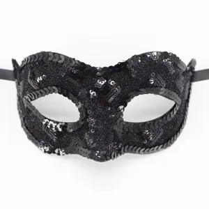 Dettaglio in primo piano di una maschera di paillettes nere, ideale per feste ed eventi.