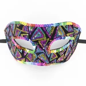 Detaillierte Nahaufnahme des bunten Pailletten-Masken-Details mit geometrischem Muster.