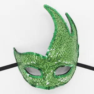 Grüne Pailletten Maske mit Flammen Bogenhorn und schwarzem Band für Karneval Party.