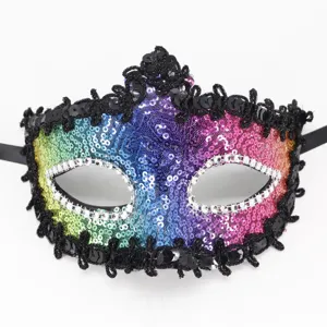Bunte Pailletten Maske mit schwarzer Spitze und Strass für Karneval und Party.