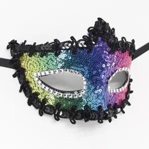 Bunte Pailletten Maske mit schwarzer Spitzenborte und Strasssteinen für Party Events.