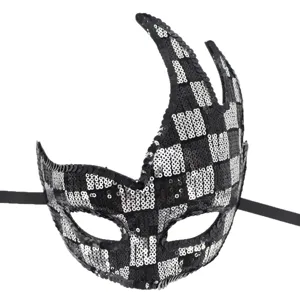 Schwarz weiß karierte Pailletten Maske für Halloween Party Karneval Maskerade Ball Kostüm.