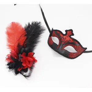 Masque de bal masqué d'Halloween ensemble plume fleur rouge noir accessoire de fête party